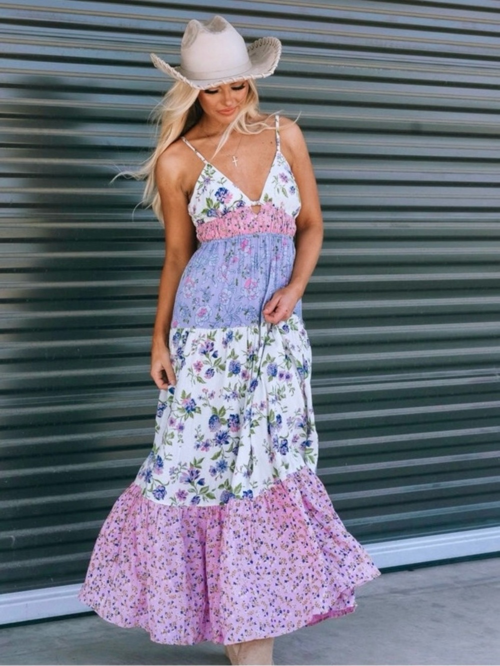 Floral Tiered Boho Festival Maxi Dress in White, Blue & Pink
